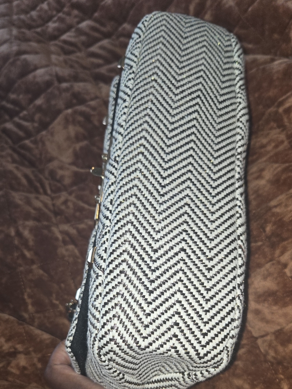 Aldo | Chain Strap Studded Herringbone Bag - Black & White W/ Gold Accents - Picture 6 of 11